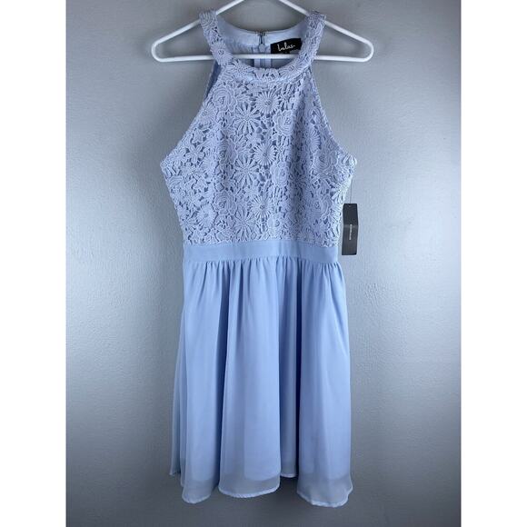 Lulus Dresses & Skirts - Lulus Sz Small Lover's Game Baby Blue Lace Chiffon Halter Skater Dress